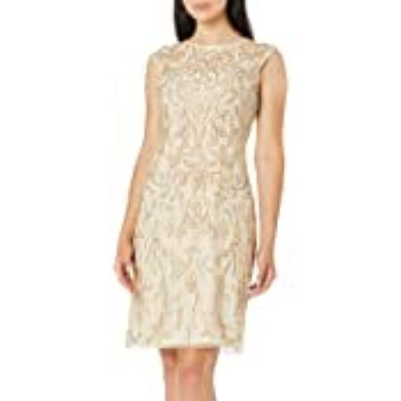 Pisarro Nights Ivory/Gold Beaded & Embroidered Sheath Dress - size 8 - Picture 1 of 14